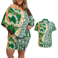 Hawaiian Plumeria Lei Couples Matching Off Shoulder Short Dress and Hawaiian Shirt Kakau Motifs and Palaka Half Style Green Color LT03 Green - Polynesian Pride
