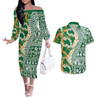 Hawaiian Plumeria Lei Couples Matching Off The Shoulder Long Sleeve Dress and Hawaiian Shirt Kakau Motifs and Palaka Half Style Green Color LT03 Green - Polynesian Pride