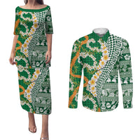 Hawaiian Plumeria Lei Couples Matching Puletasi and Long Sleeve Button Shirt Kakau Motifs and Palaka Half Style Green Color LT03 Green - Polynesian Pride