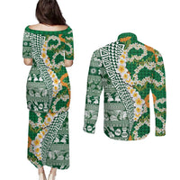Hawaiian Plumeria Lei Couples Matching Puletasi and Long Sleeve Button Shirt Kakau Motifs and Palaka Half Style Green Color LT03 - Polynesian Pride