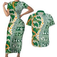 Hawaiian Plumeria Lei Couples Matching Short Sleeve Bodycon Dress and Hawaiian Shirt Kakau Motifs and Palaka Half Style Green Color LT03 Green - Polynesian Pride
