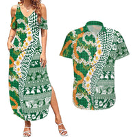 Hawaiian Plumeria Lei Couples Matching Summer Maxi Dress and Hawaiian Shirt Kakau Motifs and Palaka Half Style Green Color LT03 Green - Polynesian Pride