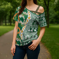 Hawaiian Plumeria Lei Cross Shoulder Shirt Kakau Motifs and Palaka Half Style Green Color - Polynesian Pride