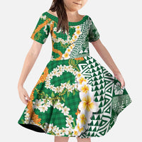 Hawaiian Plumeria Lei Family Matching Long Sleeve Bodycon Dress and Hawaiian Shirt Kakau Motifs and Palaka Half Style Green Color LT03 Daughter's Dress Green - Polynesian Pride