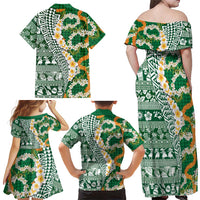 Hawaiian Plumeria Lei Family Matching Off Shoulder Maxi Dress and Hawaiian Shirt Kakau Motifs and Palaka Half Style Green Color LT03 - Polynesian Pride
