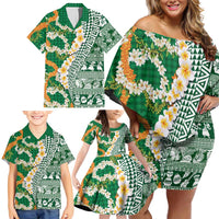 Hawaiian Plumeria Lei Family Matching Off Shoulder Short Dress and Hawaiian Shirt Kakau Motifs and Palaka Half Style Green Color LT03 - Polynesian Pride