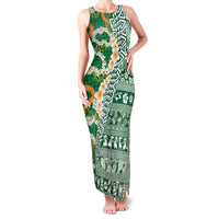 Hawaiian Plumeria Lei Family Matching Tank Maxi Dress and Hawaiian Shirt Kakau Motifs and Palaka Half Style Green Color LT03 Mom's Dress Green - Polynesian Pride