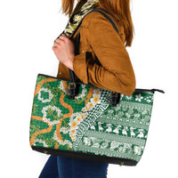 Hawaiian Plumeria Lei Leather Tote Bag Kakau Motifs and Palaka Half Style Green Color LT03 Green - Polynesian Pride