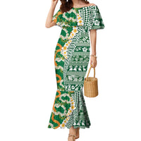Hawaiian Plumeria Lei Mermaid Dress Kakau Motifs and Palaka Half Style Green Color LT03 Women Green - Polynesian Pride