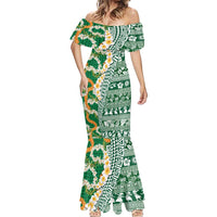 Hawaiian Plumeria Lei Mermaid Dress Kakau Motifs and Palaka Half Style Green Color LT03 - Polynesian Pride