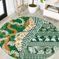 Hawaiian Plumeria Lei Round Carpet Kakau Motifs and Palaka Half Style Green Color LT03 Green - Polynesian Pride