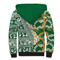 Hawaiian Plumeria Lei Sherpa Hoodie Kakau Motifs and Palaka Half Style Green Color LT03 - Polynesian Pride