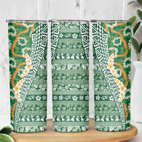 Hawaiian Plumeria Lei Skinny Tumbler Kakau Motifs and Palaka Half Style Green Color LT03 - Polynesian Pride