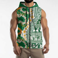 Hawaiian Plumeria Lei Sleeveless Zip Hoodie Kakau Motifs and Palaka Half Style Green Color LT03 - Polynesian Pride