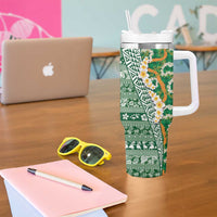 Hawaiian Plumeria Lei Tumbler With Handle Kakau Motifs and Palaka Half Style Green Color LT03 - Polynesian Pride