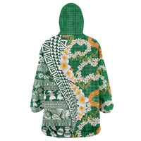 Hawaiian Plumeria Lei Wearable Blanket Hoodie Kakau Motifs and Palaka Half Style Green Color LT03 - Polynesian Pride