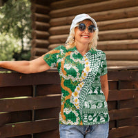 Hawaiian Plumeria Lei Women Polo Shirt Kakau Motifs and Palaka Half Style Green Color LT03 - Polynesian Pride