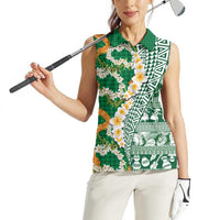 Hawaiian Plumeria Lei Women Sleeveless Polo Shirt Kakau Motifs and Palaka Half Style Green Color LT03 - Polynesian Pride