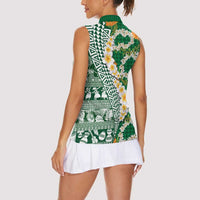 Hawaiian Plumeria Lei Women Sleeveless Polo Shirt Kakau Motifs and Palaka Half Style Green Color LT03 - Polynesian Pride