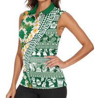 Hawaiian Plumeria Lei Women Sleeveless Polo Shirt Kakau Motifs and Palaka Half Style Green Color LT03 - Polynesian Pride