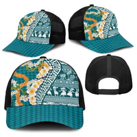 Hawaiian Plumeria Lei Baseball Net Cap Kakau Motifs and Palaka Half Style Turquoise Color - Polynesian Pride