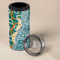 Hawaiian Plumeria Lei 4 in 1 Can Cooler Tumbler Kakau Motifs and Palaka Half Style Turquoise Color LT03 - Polynesian Pride