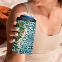 Hawaiian Plumeria Lei 4 in 1 Can Cooler Tumbler Kakau Motifs and Palaka Half Style Turquoise Color LT03 - Polynesian Pride
