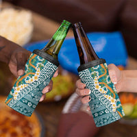 Hawaiian Plumeria Lei 4 in 1 Can Cooler Tumbler Kakau Motifs and Palaka Half Style Turquoise Color LT03 - Polynesian Pride