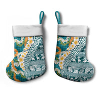 Hawaiian Plumeria Lei Christmas Stocking Kakau Motifs and Palaka Half Style Turquoise Color - Polynesian Pride
