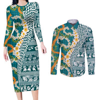 Hawaiian Plumeria Lei Couples Matching Long Sleeve Bodycon Dress and Long Sleeve Button Shirt Kakau Motifs and Palaka Half Style Turquoise Color LT03 Turquoise - Polynesian Pride