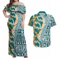 Hawaiian Plumeria Lei Couples Matching Off Shoulder Maxi Dress and Hawaiian Shirt Kakau Motifs and Palaka Half Style Turquoise Color LT03 Turquoise - Polynesian Pride