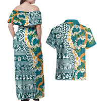 Hawaiian Plumeria Lei Couples Matching Off Shoulder Maxi Dress and Hawaiian Shirt Kakau Motifs and Palaka Half Style Turquoise Color LT03 - Polynesian Pride