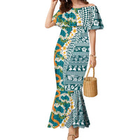 Hawaiian Plumeria Lei Family Matching Mermaid Dress and Hawaiian Shirt Kakau Motifs and Palaka Half Style Turquoise Color LT03 Mom's Dress Turquoise - Polynesian Pride