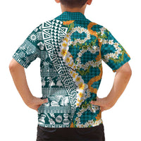 Hawaiian Plumeria Lei Family Matching Off Shoulder Short Dress and Hawaiian Shirt Kakau Motifs and Palaka Half Style Turquoise Color LT03 - Polynesian Pride