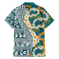 Hawaiian Plumeria Lei Family Matching Off Shoulder Short Dress and Hawaiian Shirt Kakau Motifs and Palaka Half Style Turquoise Color LT03 - Polynesian Pride