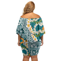 Hawaiian Plumeria Lei Family Matching Off Shoulder Short Dress and Hawaiian Shirt Kakau Motifs and Palaka Half Style Turquoise Color LT03 - Polynesian Pride
