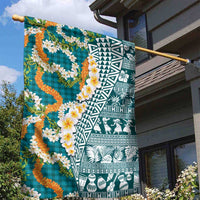 Hawaiian Plumeria Lei Garden Flag Kakau Motifs and Palaka Half Style Turquoise Color LT03 - Polynesian Pride
