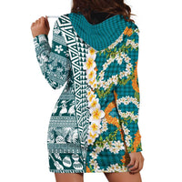 Hawaiian Plumeria Lei Hoodie Dress Kakau Motifs and Palaka Half Style Turquoise Color LT03 - Polynesian Pride