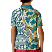 Hawaiian Plumeria Lei Kid Polo Shirt Kakau Motifs and Palaka Half Style Turquoise Color - Polynesian Pride