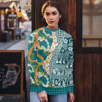Hawaiian Plumeria Lei Ugly Christmas Sweater Kakau Motifs and Palaka Half Style Turquoise Color LT03 - Polynesian Pride