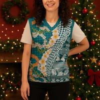 Hawaiian Plumeria Lei Christmas Knitted V-Neck Vest Kakau Motifs and Palaka Half Style Turquoise Color LT03 - Polynesian Pride