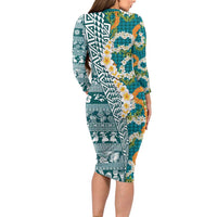 Hawaiian Plumeria Lei Long Sleeve Bodycon Dress Kakau Motifs and Palaka Half Style Turquoise Color LT03 - Polynesian Pride
