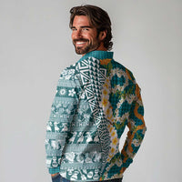Hawaiian Plumeria Lei Long Sleeve Polo Shirt Kakau Motifs and Palaka Half Style Turquoise Color LT03 - Polynesian Pride