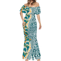 Hawaiian Plumeria Lei Mermaid Dress Kakau Motifs and Palaka Half Style Turquoise Color LT03 - Polynesian Pride