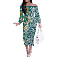 Hawaiian Plumeria Lei Off The Shoulder Long Sleeve Dress Kakau Motifs and Palaka Half Style Turquoise Color LT03 Women Turquoise - Polynesian Pride
