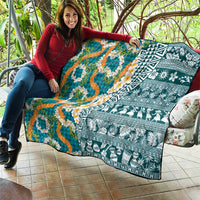 Hawaiian Plumeria Lei Quilt Kakau Motifs and Palaka Half Style Turquoise Color - Polynesian Pride