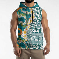 Hawaiian Plumeria Lei Sleeveless Hoodie Kakau Motifs and Palaka Half Style Turquoise Color LT03 - Polynesian Pride