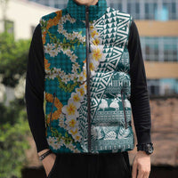 Hawaiian Plumeria Lei Sleeveless Puffer Jacket Kakau Motifs and Palaka Half Style Turquoise Color - Polynesian Pride