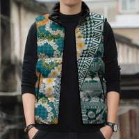 Hawaiian Plumeria Lei Sleeveless Puffer Jacket Kakau Motifs and Palaka Half Style Turquoise Color - Polynesian Pride