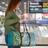 Hawaiian Plumeria Lei Travel Bag Kakau Motifs and Palaka Half Style Turquoise Color - Polynesian Pride